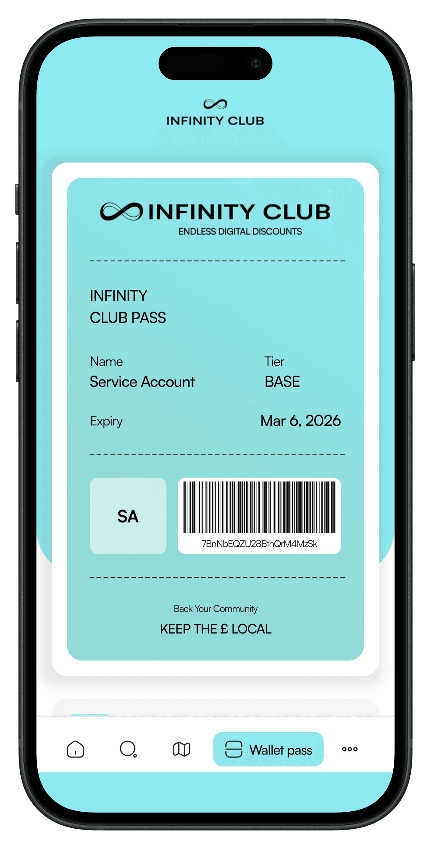 Infinity Club app - Show your pass and save